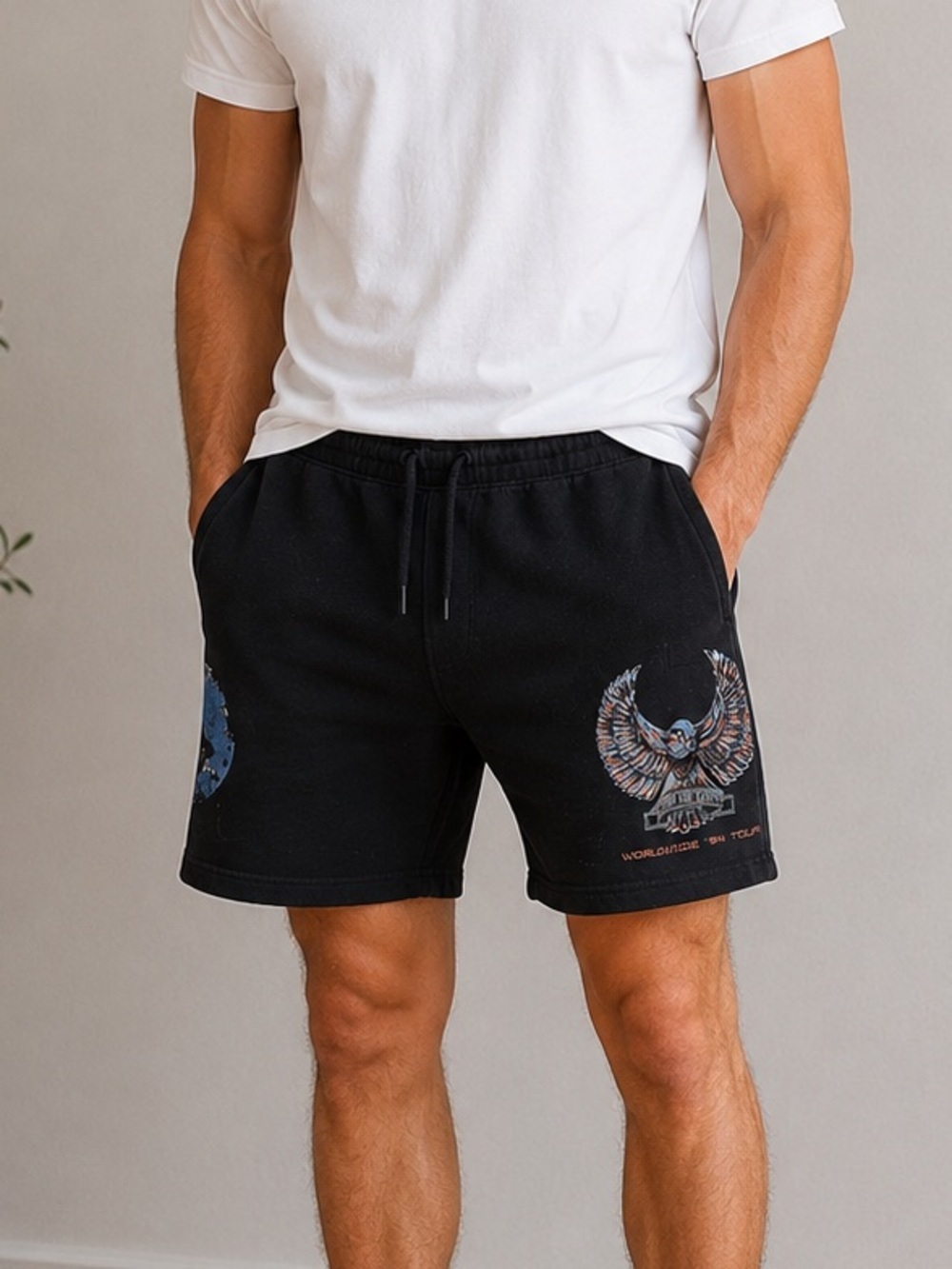 Hollister Vintage Graphic Sweat Shorts Black Eagle Earth Size Large